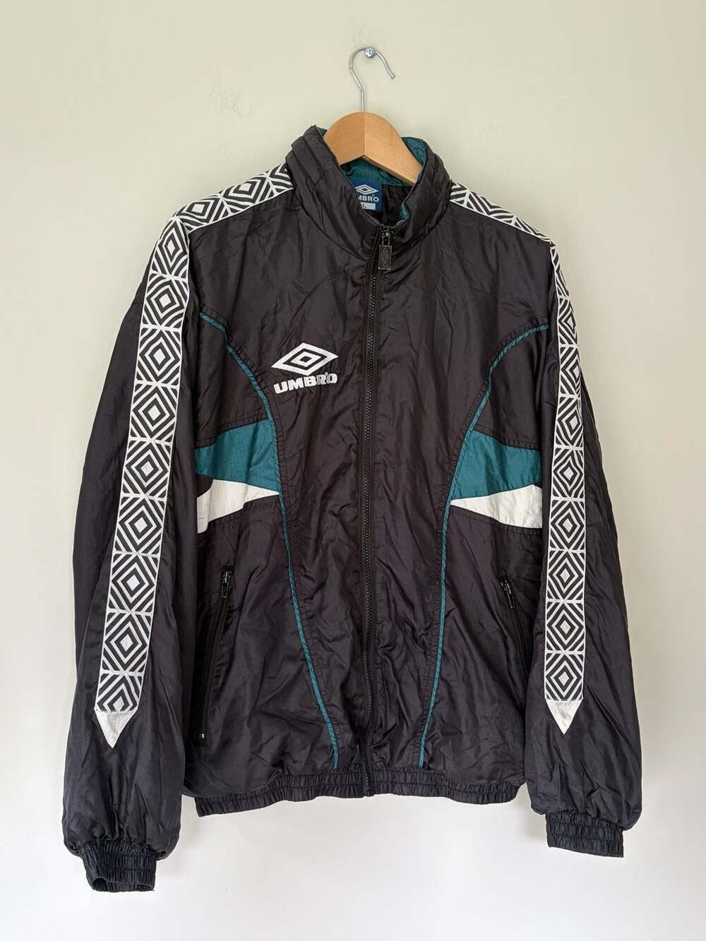 Vintage Umbro Track Jacket Size Large Black Teal White Logo